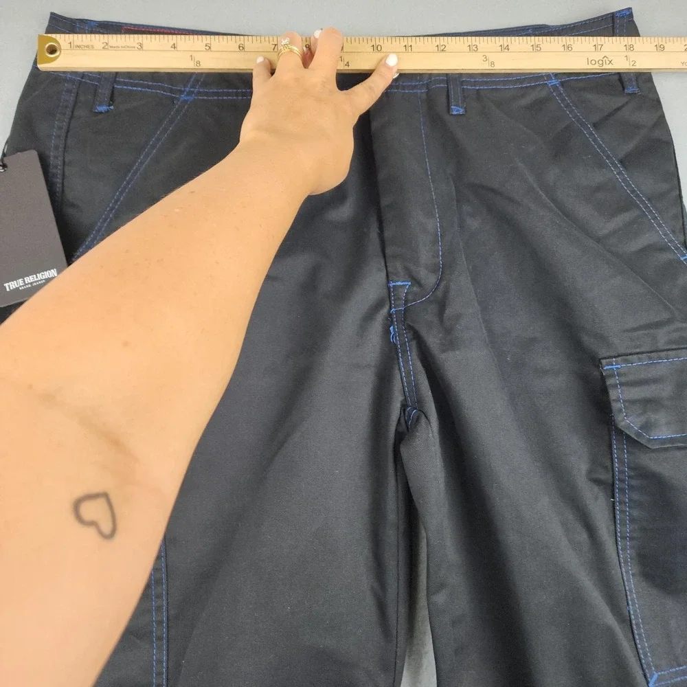 True Religion Cargo Pants Mens 34x31 Black Blue Stitch Canvas Utility Pockets